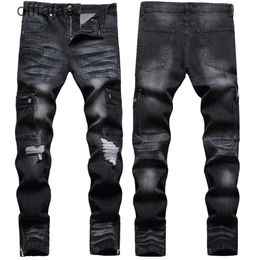 paarse jeans herenbroek Hiphop stijl zwarte werkkleding modieuze tasbroek met rits aan de zoom waterdruk kat moet slank elastisch