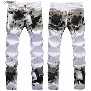 paarse jeans herenbroek Zomer witte camouflageprint elastische kleine rechte buis slim fit modieuze lange broek voor heren