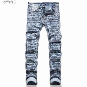 pantalon en jean violet pour homme Ce streetwear pour homme de l'automne 2024 a des trous, des coupes et un petit pantalon blanc usé à jambe droite, élastique, tendance, taille mi-haute