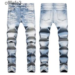 jeans violets pantalon homme marque tendance AM bleu clair élastique coupe slim petite jambe droite genou crevaison fleur de cajou imprimé numérique pour hommes