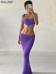 Violet tricoté 2 pièces ensemble tenues d'été pour les femmes sexy au crochet vacances tenues de plage évider jupe longue et ensemble court 240329