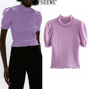 Violet tricoté femmes pull été Bejeweled bouton manches courtes bouffantes haut court femme élastique froncé tricot 210519