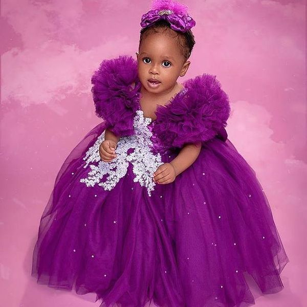 Crystals de dentelle violet Crystals Fleuri Girl Robes Ball Ball Tulle Elegant Lilttle Kids Birthday Pageant Weddding Robes 407
