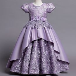 Purple Lace Flower Girl -jurken Baljurk Elegante verjaardag Weddding Bateau Appliqued Toddler Pageant -jurken Tule Tiered Kids prom jurk 403