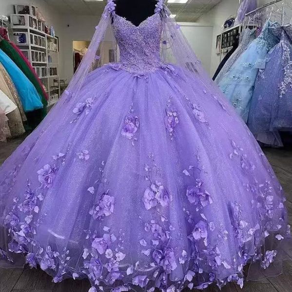 Robes de Quinceanera en dentelle pourpre Spaghetti Strap Glitter avec Wrap Sweet 15 Robes 2022 3D Flower Beaded Vestidos 16 Prom Party Wears BC13035