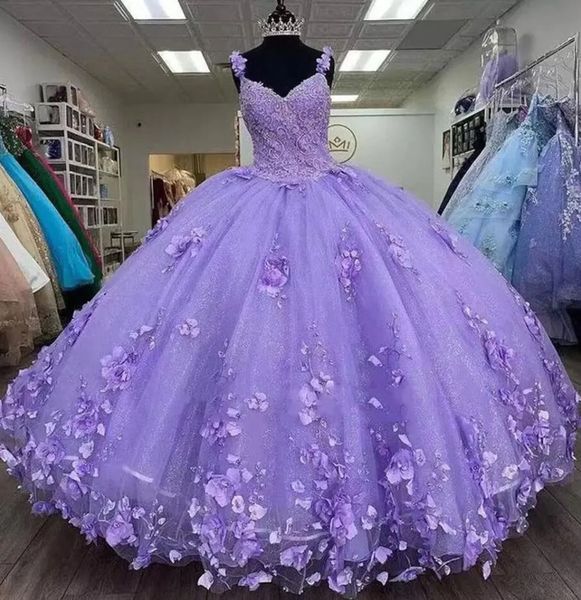 Habille de quinceanera en dentelle violette Spaghetti Sangle paillettes avec enveloppement 15 robes 3d Vestidos perles de fleur 16 Part Party Wear