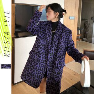 Purple Leopard Print Losse Wollen Jas Lady Notched Jacket Blazer Vrouwelijke Bovenkleding Chic High Street 210608
