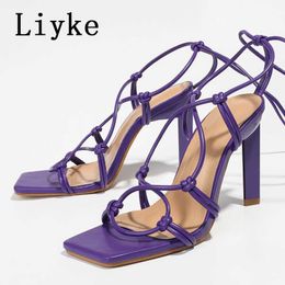 Púrpura Liyke Sandalias de verano para mujeres Pombas Fashion Fashion Open Toe Fiesta de banda estrecha Tisos High Shoes Lace-Up F17d