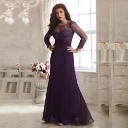 Violet manches longues dentelle mère de la mariée robes appliques longueur de plancher encolure dégagée en mousseline de soie soirée bal robes302V