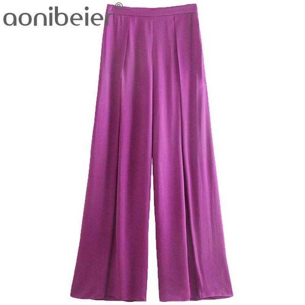 Violet lâche Satin pantalon mince été côté fermeture éclair taille haute femmes pantalon décontracté plis détail femme jambe large pantalon 210604