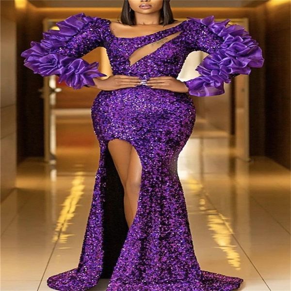 Robes de soirée de luxe violet paillettes Bling paillettes volants sirène robes de bal sur mesure sexy côté fendu manches longues robe de concours