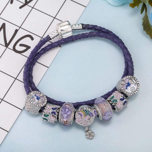 Pulsera de estilo de lujo púrpura Pulseras de cuerda de cuero de doble bucle Esmalte femenino Margarita con cuentas Pulsera colgante Joyería clásica de bricolaje al por mayor