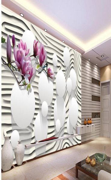 Purple Magnolia Flower Striped 3D TV Wall Mural 3D Fond d'écran 3D Papiers muraux pour TV Backdrop5173377