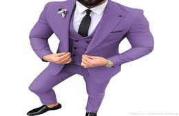 Purple Men 3 Piece Costume Slim Fit Men Smoking Tuxedos Peak Tapel One Button Blazer Business Suits FeswingPantsVest3831736