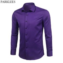 Camisa de vestir púrpura de fibra de bambú para hombre, camisa de manga larga ajustada de marca 2023, camisa Formal de fácil cuidado sin hierro para hombre 240115