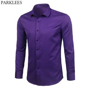 Chemise habillée en fibre de bambou pour hommes violet marque Slim Fit à manches longues Chemise Homme Non fer facile d'entretien formel pour hommes 210809