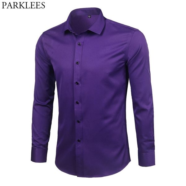 Camisa de vestir de fibra de bambú para hombre, color morado, ajustada, de manga larga, Chemise Homme, sin planchar, fácil cuidado, camisa Formal para hombre 210705