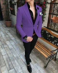 Purple Men past tweedelig jasbroeken Trim passen één knop blazer op maat gemaakte bruiloft bruidegom smoking tuxedosjacket broek2617