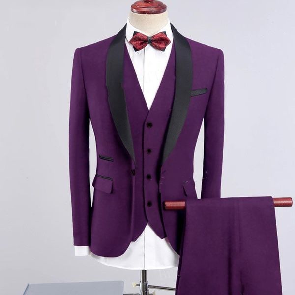 Violet Hommes Smokings De Mariage Noir Châle Revers Un Bouton Marié Smokings Excellent Hommes Dîner De Bal Blazer Costume 3 Pièces (Veste + Pantalon + Cravate + Gilet) 69