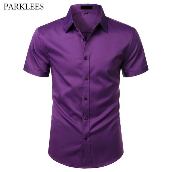 Camisas de vestir moradas para hombre, camisa elástica de fibra de bambú de marca para hombre, sin arrugas, sin hierro, fácil cuidado, trabajo Formal de boda, Chemise Homme 210522