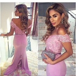 Purple Mermaid 2021 Lang bruidsmeisje voor bruiloft kanten Appliqued Off Shoulder Chiffon Formele feestjurken Hoid of Honor -jurken