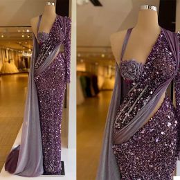 Robe de soirée sirène violette, paillettes de luxe, perles, col licou, manches longues, robe de bal avec enveloppe, robes de soirée formelles sur mesure, 2023