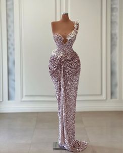 Robe de soirée sirène violette, sans manches, col en V, asymétrique épaule dénudée, paillettes appliquées, longueur au sol, dentelle 3D, perles, robe de bal formelle, grande taille, robe de soirée