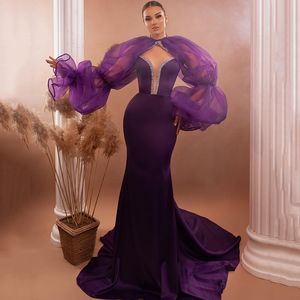 Robe de soirée de forme sirène violette, avec veste, col perlé, robe de soirée de célébrité, en Satin, longue tenue formelle