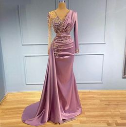 Sirène violette robes de soirée légères transparent en V couche appliquée perle à manches longues de bal formelle deuxième réception de robes OCN spéciales