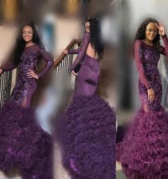 Purple Mermaid Prom Dresses 2K18 Sheer Long Sheeves Lace Appliques avondjurken South African Ruched Long Train Formeel Party DRES4838542