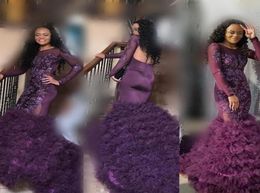 Purple Mermaid Prom Dresses 2K18 Sheer Long Sheeves Lace Appliques avondjurken South African Ruched Long Train Formeel Party DRES4298406