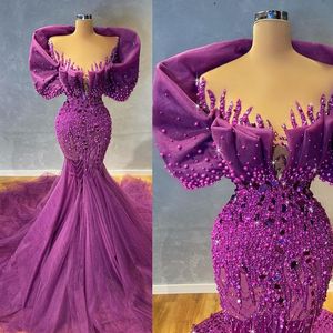 Robe de bal de forme sirène violette, manches cape, en Organza, élégante, longue, robes de soirée, perles scintillantes, paillettes, Club de fête, robe de soirée formelle, vêtements africains