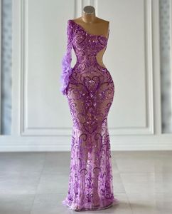 Purple Mermaid Prom Dresses One Long Sleeve Bateau Appliques pailletten kralen vloerlengte 3d kanten holle diamanten avondjurk bruidsjurken plus maat op maat gemaakt