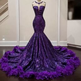 Robes de bal sirène violettes avec plumes et paillettes, robes de soirée de luxe Sexy pour filles noires