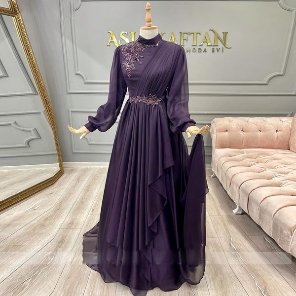 Robes musulmanes violettes, ligne A plissée en mousseline De soie, Kaftan De dubaï, robe De soirée en dentelle avec des Appliques perlées, 326 326