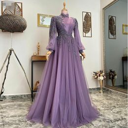 Robes de soirée musulmanes violettes, longues de luxe, dentelle perlée, ligne a, robes de bal en Tulle pour femmes, tenue de soirée formelle avec manches, 2023