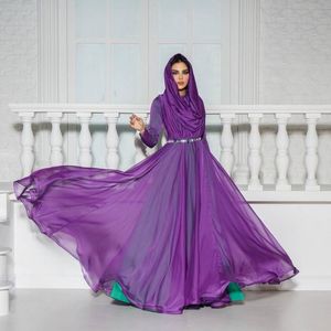 Robes de bal musulmanes violettes avec hijab col haut ceinture à manches longues Kanfan robe formelle perles plissées arabe Dubaï robes de mariée