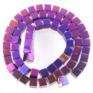 Perles d'espacement en pierre d'hématite naturelle violette, Cube carré Charmy pour la fabrication de bijoux, accessoires de collier à faire soi-même BL325