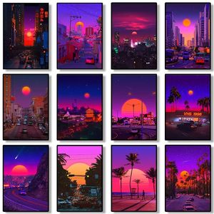Purple Neon Beach City Street Visits Canvas Painting Wall Art Decor Decoration Home Decoration Picture for Living Room Toivas Romantic Print Picture Image Unframe