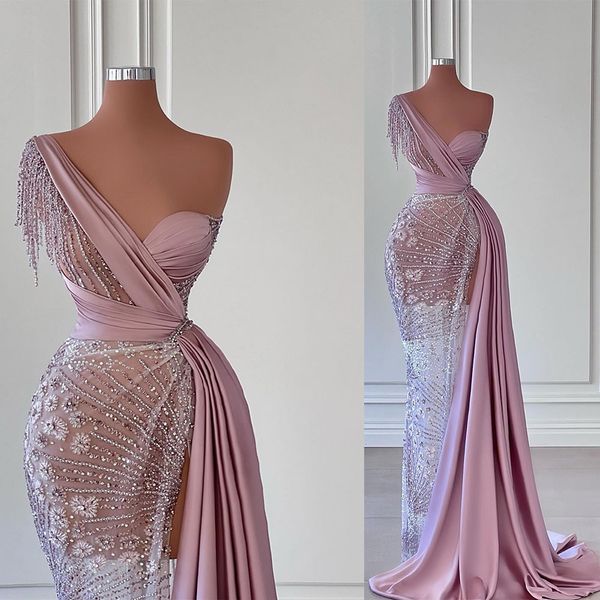 Violet Nouvelle Arrivée Robe De Soirée Femmes Sans Manches Appliques Paillettes Une Épaule Dos Nu Étage Longueur Robe Formelle Satin Côté Fente Plus La Taille Robe De Bal Sur Mesure