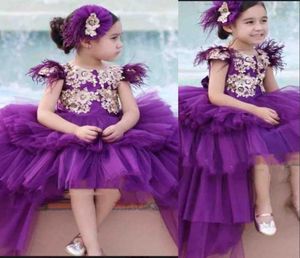 Violet nouvelle robe de bal filles Pageant robes bijou cou or dentelle plume manches courtes gonflées à plusieurs niveaux haute basse longueur enfants fête Birt4179448
