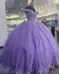 Paars uit lilac de schouder de schouder quinceanera jurk appliques verjaardagsfeestjes jurken kralen baljurk prom jurken vestido de 15 anos es
