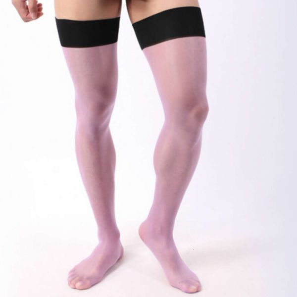 Cuisse haute brillante à l'huile violette pour hommes, sous-vêtements populaires, Lingerie Sexy, larges côtes, manchette, bas en soie