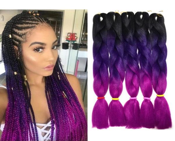 Violet Ombre Tressage Cheveux Kanekalon Trois Tons Tressage Extensions de Cheveux Noir Violet Rose Rouge Ombre Couleur Jumbo Tresses Cheveux 24 3681962