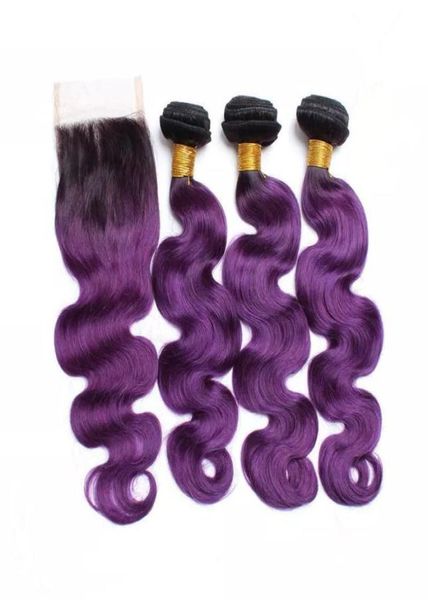 Paquetes de tejido de cabello humano de Ombre púrpura con cierre superior Onda del cuerpo Extensiones de cabello virgen de Ombre negro y púrpura con encaje 4x4 Closu9271091