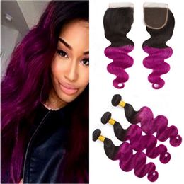 Paars Ombre Peruaanse Body Wave Menselijk Haarbundels Deals met Sluiting # 1b / Purple Ombre 4x4 Kantsluiting met Virgin Hair Weeft