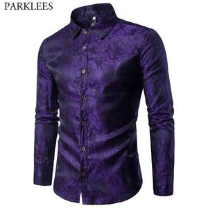 Purple Paisley Floral Print Silk Shirt Mannen Mode Slanke Fit Lange Mouw Mens Jurk Shirts Party Evenement Mannelijk Sociaal Shirt 210522