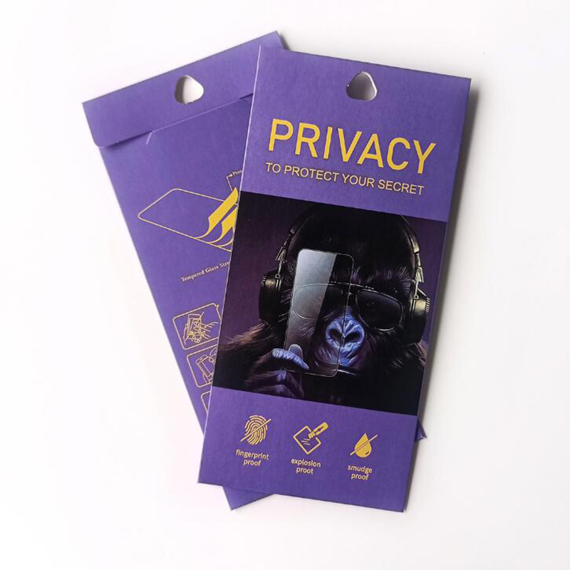 Purple Paper Package Bag för iPhone 15 14 13 12 11 Pro Max Mini X Xs XR 7 8 6 Plus Privacy Screen Protector Anti-Spy Hempered Glass Ceramics Soft Film Retail Packaging