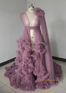 Vestido de fotografía morado, vestidos transparentes para graduación con mangas abullonadas, vestidos de graduación con volantes, bata larga escalonada para mujer embarazada 2021