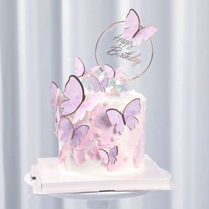 Purple Pink Butterfly Party Cake Decoratie Gelukkige verjaardag Topper Handmade geschilderd voor bruiloft Verjaardag Baby Shower